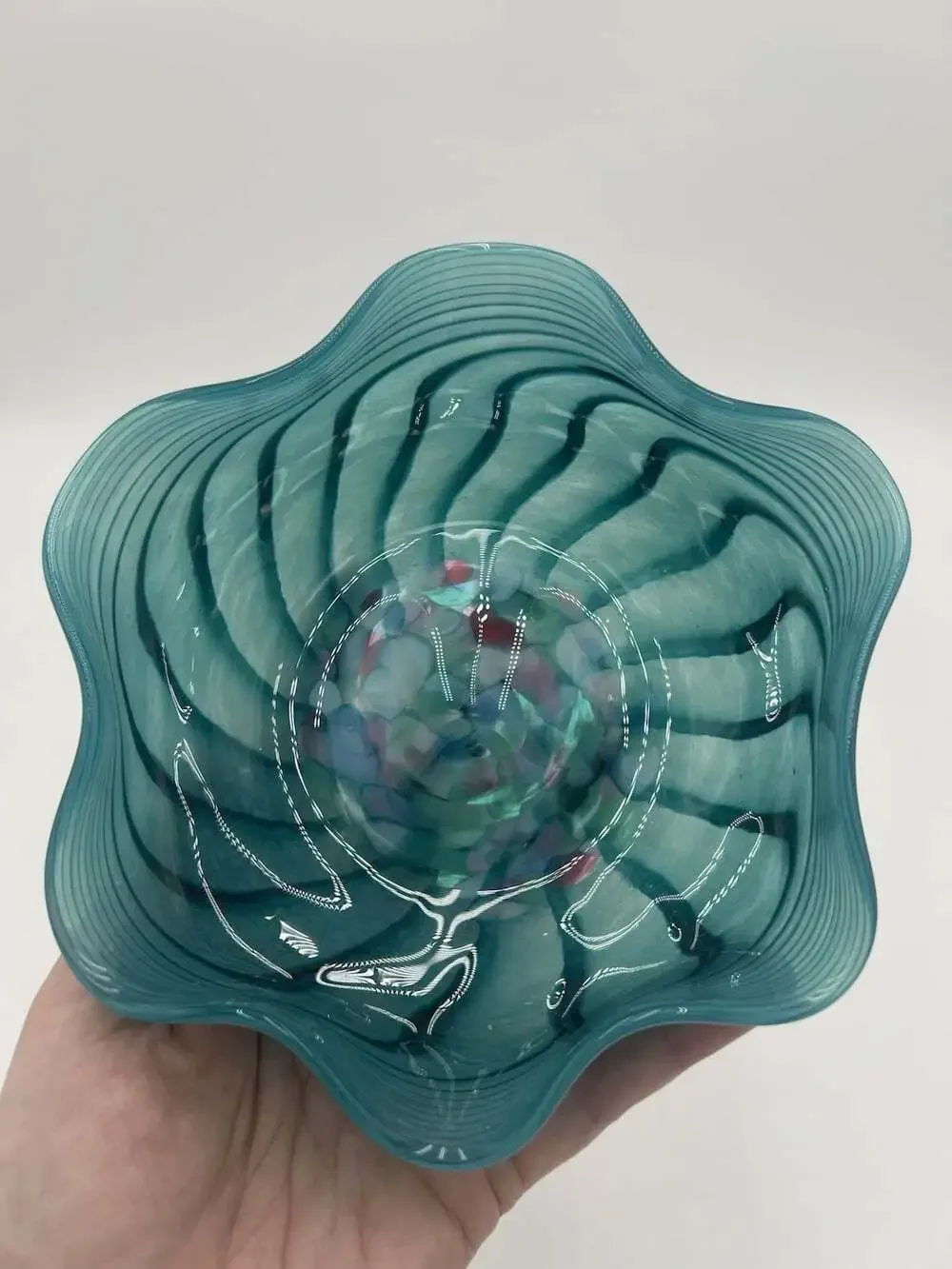 Hand Blown Art Glass Bowl Teal Ruffled Swirl Multicolor Confetti Studio Glass